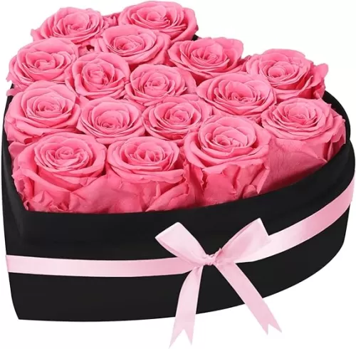 Luxury Forever Real Roses in Suede Heart-Shaped Box, 16 Preserved Roses Valentines