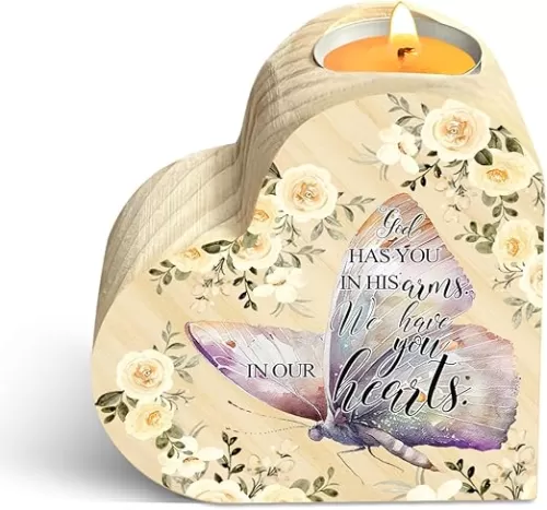 Memorial Candle Gift, Wooden Heart Shape Candle Holder, Sympathy Gifts for Loss of Relatives, Bereavement Remembrance Butterfly Decor Candle Holder for Family, Double Sided Printing