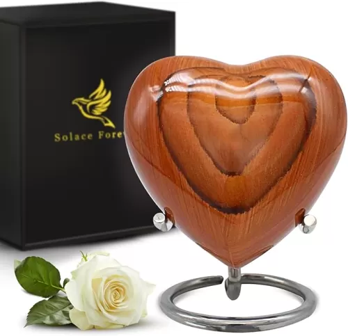 Metallic Wooden Print Urn - Heart Urn for Ashes for Women & Men - Small Urns for Human Ashes - Honor Your Loved One with Mini Urns Keepsake with Stand (Dark Wooden, Small)
