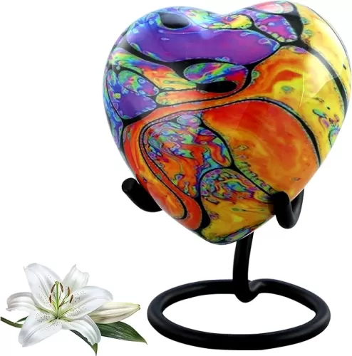 Modern Print Heart Keepsake Urn - Colorful Tie Dye Heart Cremation Urn with Stand, Velvet Case & Bag