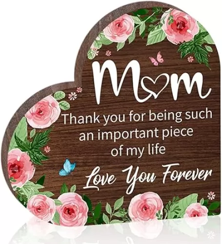 Mother's Day Gift Mom Heart Shape Wooden Sign - 5" Tabletop Block Decoration Thank You Gift For Mom From Daughter Son - Mom Love You Forever - Mother's Birthday Plaque Gifts Supplies - A09