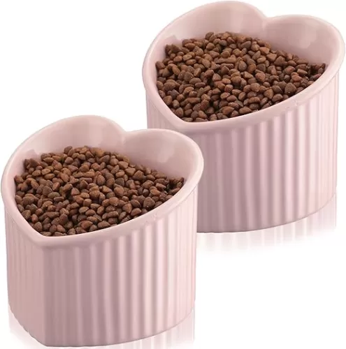 Mumufy 2 Pcs Ceramic Elevated Cat Bowls Tilted Elevated Raised Pet Bowls Anti Vomit Cat Dish for Indoor Stress Free Water Dish Feeder for Puppies, Heart Shaped(Pink)