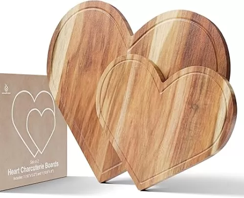 New - Set of 2 Heart Charcuterie Boards - Acacia Wood Cutting Heart Shaped Charcuterie Board, Wooden Serving Tray, or Platter Valentines Gifts