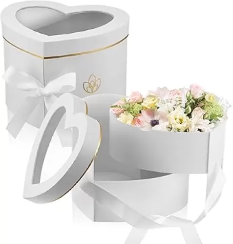 Nuanchu 2 Pcs Valentineâ€˜s Day Heart Shaped Flower Box with Transparent Window Paper Floral Boxes with Lids Ribbons Double Layers Rotating Gift Box for Arrangements, 9.1 x 7.9 x 6.5 Inch(White)