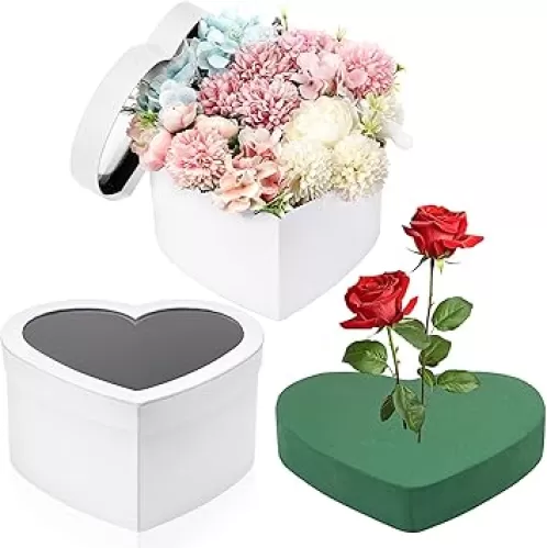 Nuenen Heart Shaped Flower Gift Boxes, Floral Gift Box with Lids Floral Foam Clear Cellophane 9.8 x 9 x 5 Inches for Valentineâ€˜s Day Birthday Wedding Proposal Packaging Arrangements(White)