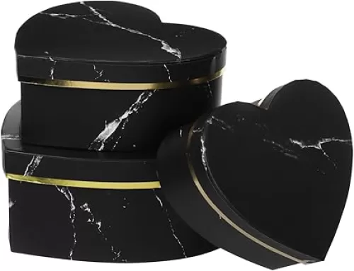 NUOBESTY Heart Shaped Boxes with Lids 3 Sizes Valentines Day Presents Boxes Nesting Cardboard Cookie Box for Arrangements Flower Wedding Marble Print Black
