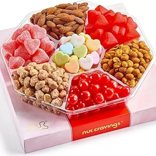 NUT CRAVINGS Fathers Day Gourmet Dad Treats - Mixed Nuts & Heart Candy Gift Basket in Red Gold Box (7 Assortments, 1 LB) Food Arrangement, Healthy Snack Care Package, Kosher