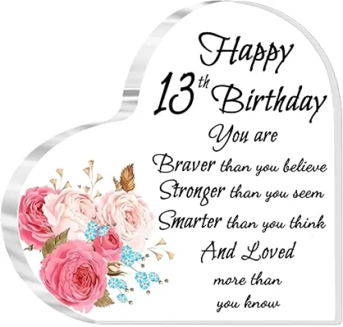 Nzztont 13th Birthday Gifts Heart Shaped Acrylic Plaque Gift Personalised Keepsake Gifts 13th Birthday Decorations Gifts for Women Gifts for Friends Daughters (13th)