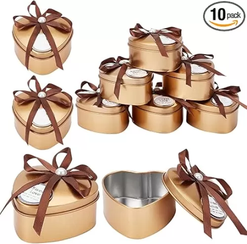 OLYCRAFT 10pcs Heart Shape Iron Candy Box Gold Empty Heart Tin Boxes Metal Chocolate Boxes with Bowknot for Valentine's Day Bridesmaid Proposal Wedding Birthday Present - 2.8x2.9x1.8 inch