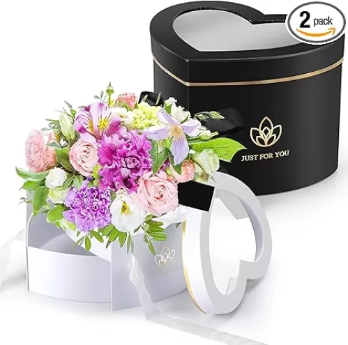 Outus 2 Pcs Mother's Day Heart Shaped Boxes for Flower Double Layers Rotating Floral Box with Transparent Window Lids Graduation Flower Box Gift for Mom Wedding, 9 x 8 x 6.5 Inch(White, Black)
