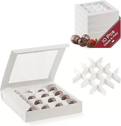 Pack of 10 Empty Chocolate Gift boxes (6.29" x 6.29" x 1.18") - Ideal for Covered Strawberries, Charcuterie, Brigadeiros, and for truffles - White Leather