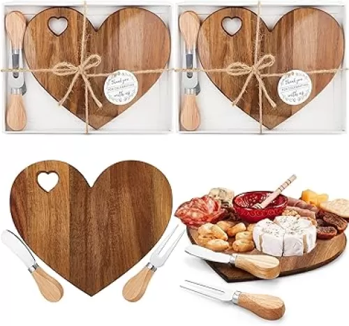 Patelai 2 Set Bridal Shower Favor Heart Cheese Board Cheese Knives Wood Mini Charcuterie Board Thank You Gift Box for Guest Bridal Baby Shower Prize Wedding Birthday Valentines (Acacia Color)