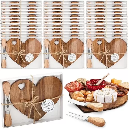 Patelai 36 Set Bridal Shower Favor Heart Cheese Board Cheese Knives Wood Mini Charcuterie Board Thank You Gift Box for Guest Bridal Baby Shower Prize Wedding Birthday Valentines (Acacia Color)
