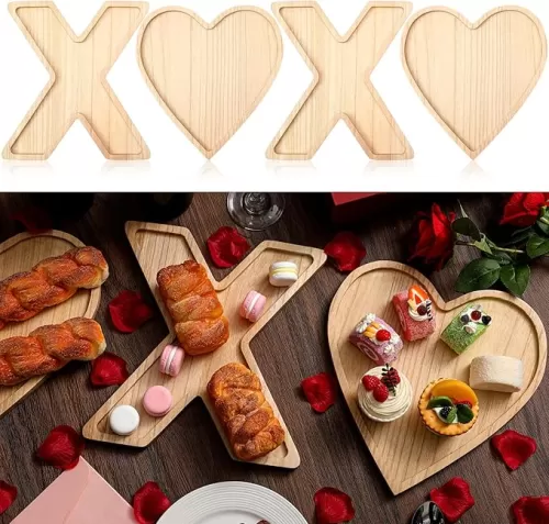 Patelai 4 Pcs Valentine‘s Day Wooden Serving Platter XOXO Heart Shaped Wood Serving Tray Kitchen Charcuterie Board Candy Tray Snack Board for Valentine‘s Day Anniversary Wedding