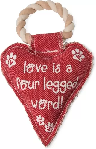Pavilion Gift Company 45611 Pavilion's Pets-Red Heart Shaped Canvas and Rope Dog Squeaky Toy-Love is a Four Legged Word, Dog, Best for Medium- Large Breeds
