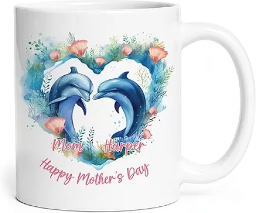 Personalized Dolphin Heart Shaped Design Teacup, Customized Name Mom And Children Dolphin Cups, Unique Meaningful Dolphin Mug, Dolphin Gifts For Mom, Mug Presents On Mother's Day