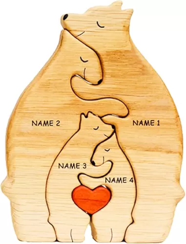 Personalized Family Name Puzzle - Wooden Bear Puzzle - Customizable Wooden Puzzle Oak Decorative Piece for Home Decor and Thoughtful Gifts Member-4（Heart）
