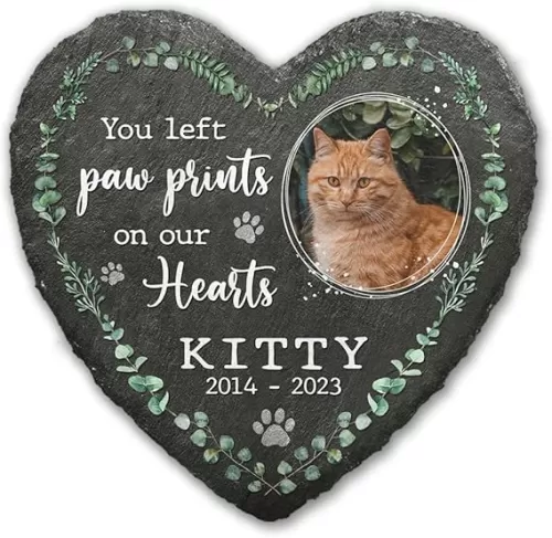 Personalized Memorial Plaque: Heart Shaped Bereavement Gifts for Pet Lovers, Slate Stone Pet Memorial with Fresh Nature Design and Left Paw Prints of Dog or Cat