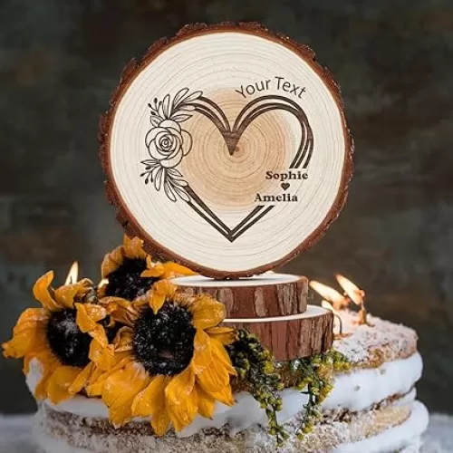 Personalized Rustic Wedding Cake Topper in Wood Custom Wedding Cake Topper with Names & Date Love Heart Shape Wooden Decorations Handmade Wood Slices Engarved with Couple Name Roses Flowers