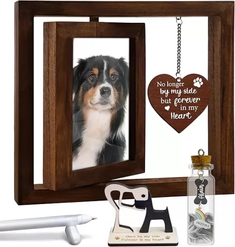 Pet Memorial Gift for Dogs Cats, Rustic 360 Rotating Picture Frame 6x4 Photo, Pet Hair Keepsake Fur Jar Rainbow Bridge No Longer By My Side Wooden Heart Tag, In Loving Sympathy Animal Loss Gift PR-3R