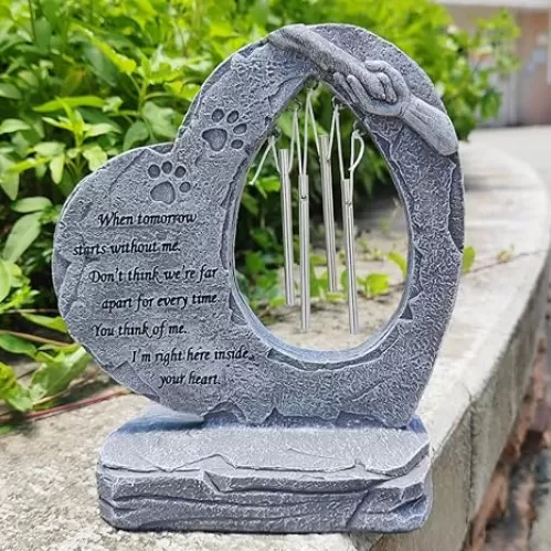 Pet Memorial Stone with Wind Chimes Heart Shaped Paw Print Grave Marker Pet Memorial Gifts for Loved One Dog Memorial Resin Statue Loss of Dog Sympathy Gifts