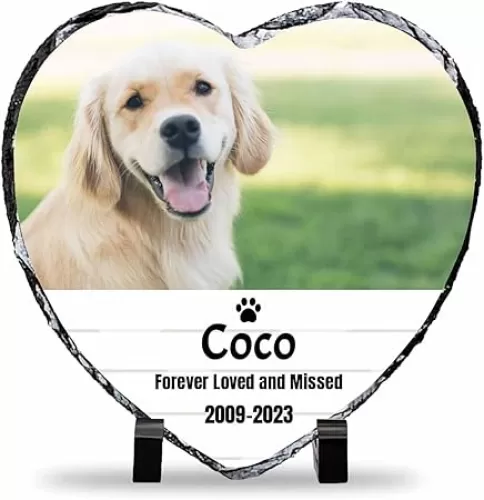 Pet Memorial Stones for Dog, Personalized Memorial Plaque with Photo Name Date, Pet Loss Gifts, Custom Rock Slate Frame, Loss of Cat Sympathy Gifts, Heart Shaped Cemetery Decorations for Grave