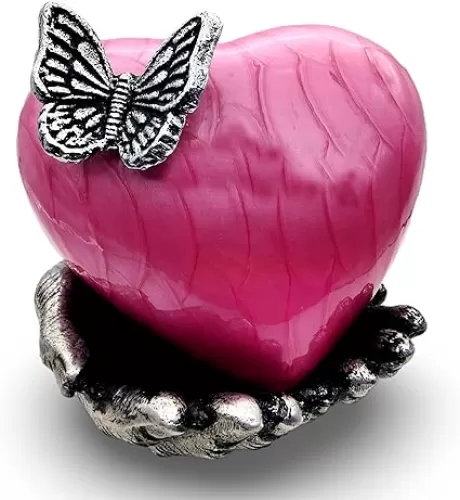 Pink Butterfly Heart Cremation Urn for Ashes with Hand Shape Stand Memorial Humans Keepsake for Women and Men