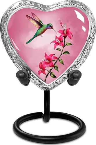 Pink Hummingbird Heart Shaped Small Keepsake Urn for Human Ashes - Men Women Children Pets Memorial