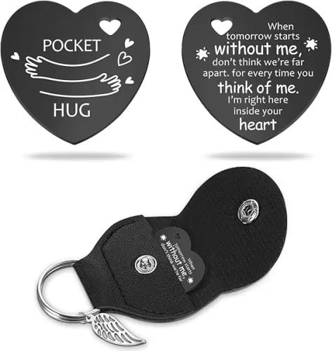 Pocket Hug When Tomorrow Starts Black Stainless Steel Double-Sided Heart Shaped Token with Leather Bag Long Distance Relationship Keepsake Gift for Family Friends Daughter Son