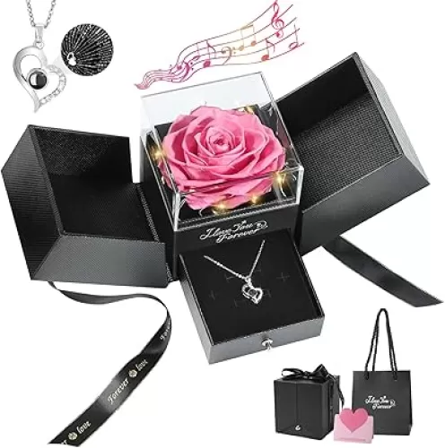 Preserved Rose Gifts for Women, Eternal Flower Rose Box with Heart Necklace, Romantic I Love You Gifts for Her Women Wife Mom Grandma on Valentines Mothers Day Birthday Anniversary