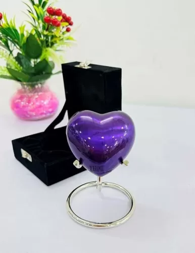 Purple Heart Cremation Urn - Small Heart Shaped Keepsake Urn with Box & Stand