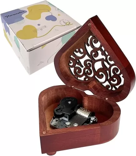 Pursuestar What a Wonderful World Wind Up Music Box, Heart Shaped Vintage Wood Carved Mechanism Musical Gift for Lover Girlfriend Wife Husband Valentine