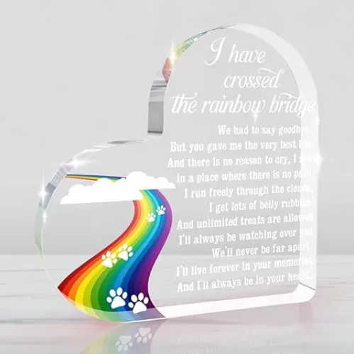 Rainbow Bridge Dog Memorial Gifts Loss of Dog Sympathy Gift Pet Memorial Gifts for Dogs Heart Shape Acrylic Sign Pet Commemoration Acrylic Heart Plaque for Home Farmhouse Office Desktop