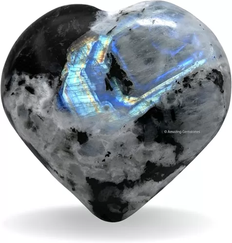 Rainbow Moonstone Crystal Heart Palm Stone - Pocket Massage Worry Stone for Natural Body Chakra Balancing, Reiki Healing and Crystal Grid