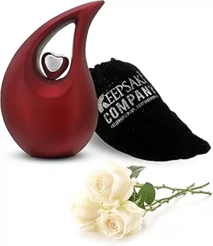 Red Tear Drop Medium Size Urns for Human Ashes with Silver Heart (6 Inch Height) - Unique Medium Urn - Decorative Urns - Cremation Urn - Burial Urns - Keepsake Urn - Funeral Urn - Small Pet Urns