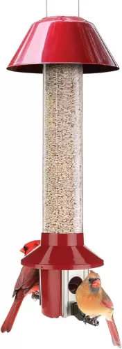 Roamwild PestOff Red Squirrel Proof Cardinal Bird Feeder Mixed Seed Sunflower Heart Version - RED - 3LBS Seed Capacity – 20.5”x7.5”x7.5” (w/Hanger)