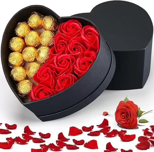 Rose Gift Box for Her 10 Pcs Eternal Forever Preserved Rose in Half of Black Heart Shape Box Real Immortal Flower Birthday Gift for Chocolate Women Wife Girlfriend Anniversary(No Chocolate)