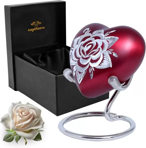 Rose Heart Urns for Human Ashes Adult Female & Male - Handcrafted Small Urn Heart Shaped Metallic - Funeral Rose Urn for Ashes Men & Women - Decorative Heart Urn Stand (Red, Small)