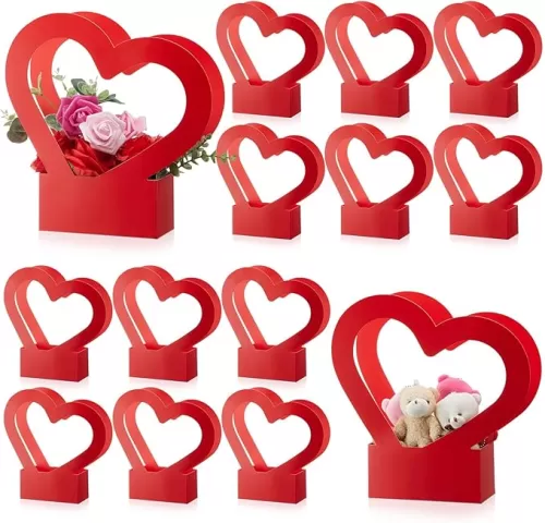 Sinmoe 12 Pcs Wedding/Baby Shower Heart Shaped Boxes for Flowers Gift Bag Empty Bouquet Gift Bags with Handle Folding Basket for Bridal Shower Anniversary Party Supplies(Red)