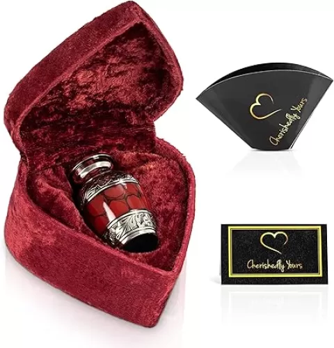 Small Keepsake Cremation Urns for Human Ashes with Velvet Heart Case and Funnel - Crimson : Deep Red Brass Hand Engraved Mini Memorial Urn
