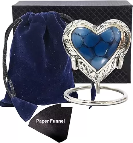 Small Love Heart Urn for Human Ashes | Mini Keepsake Funeral Ash Container for Human Remains with Display Stand, Velvet Carry Bag, Paper Funnel and Beautiful Gift Box