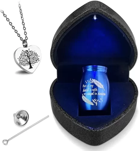 Small Urns for Human Ashes Keepsake with Heart Box w/Light - Memorial Urn Set with Urn Necklace, Funnel, and Velvet Case - Mini Urn for Ashes of Loved Ones (Blue)
