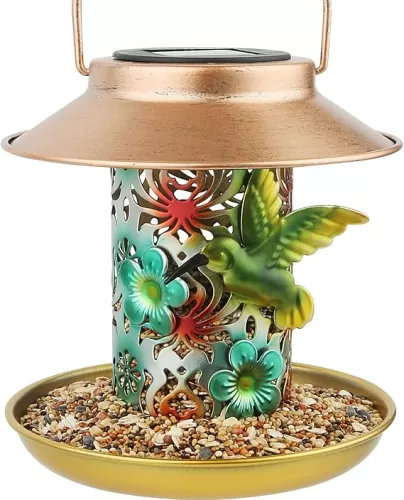 Solar Bird Feeder for Outdoors Hanging, Gifts for Mom Grandma Women, Metal Waterproof Outside Wild Bird Feeders, Cardinals Feeders, Gifts for Bird Lovers, Lantern Light, Garden Decoration