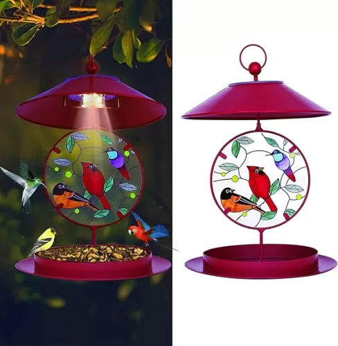 Solar Bird Feeder for Outdoors Hanging, Metal Wild Bird Feeder for Red Cardinals, Metal Waterproof Outside Wild Bird Feeders, Cardinals Feeders, Gifts for Bird Lovers, Lantern Light, Garden Decoration