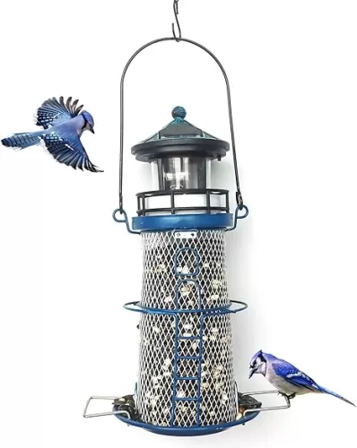 Solar Bird Feeder Lighthouse with Rotating Beacon LED Light, Outdoors Hanging, 14" Lighthouse Gifts for Bird Lover (Blue)