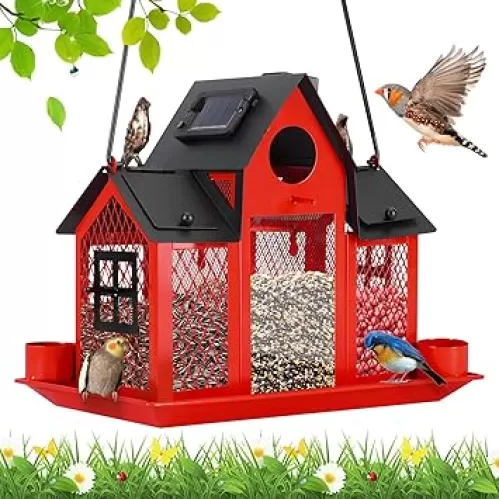 Solar Bird Feeders House for Outside Hanging, Metal Wild Bird Feeder for Outdoors Large Capacity Cardinal Birdfeeder Birdhouses Metal Bird Feeding Station Red