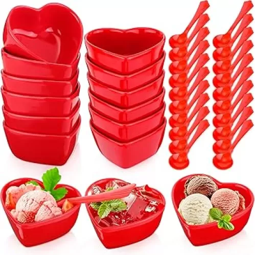 Suclain 12 Pcs Valentine‘s Day Heart Shaped Ceramic Bowls Mini Heart Sauce Dish Bowl Pudding Bowl Microwave Oven Safe Cake Bowls with 20 Plastic Spoon for Valentine‘s Day Party Supplies(Red)