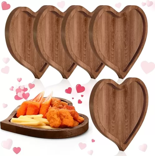 Suzile 6 Pcs Heart Shaped Cheese Board Charcuterie Plate Acacia Wood Serving Tray Dinner Cake Plate Reusable Heart Dish Platter for Snack Food Cake(8.5 x 8.5 Inch)