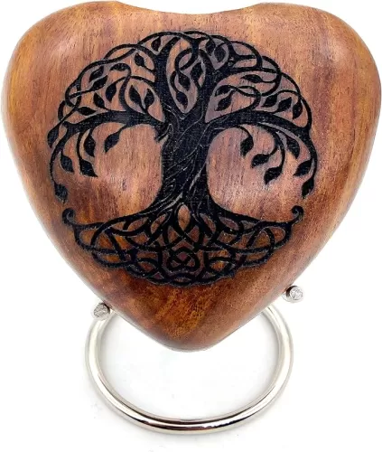 Tree of Life Wooden Heart Urn Keepsake Cremation Urn for Human pet Ashes Handcrafted Urn Heart Shaped - Perfect for Adults & Infants comes with Brass Stand
