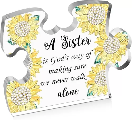 Tuyashua Acrylic Puzzle, Heart-Shaped Engraved Decorative Sign, 3.9 x 3.3 Inch, Yellow, Religious Theme for Sister or Bestie